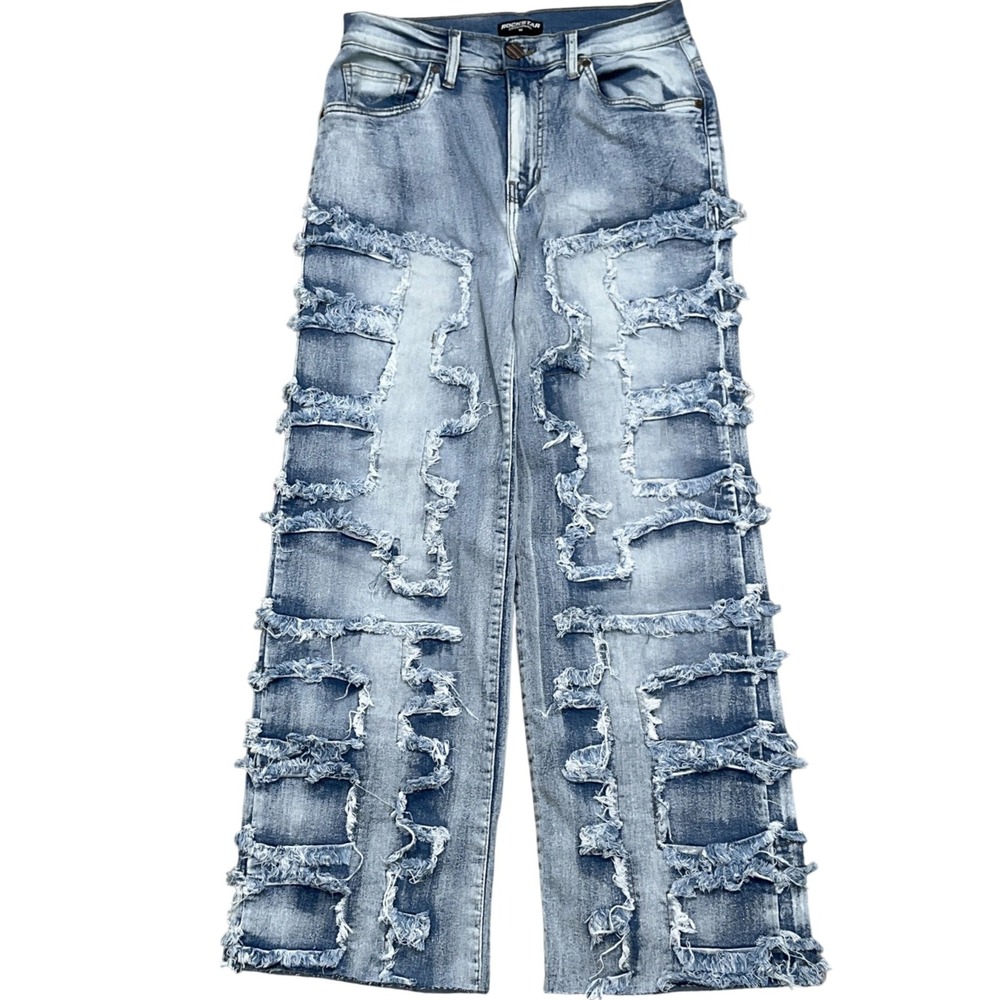 Rockstar Original Jeans Women M Blue Stacked Distressed Frayed Wide Leg‎ Hip Hop